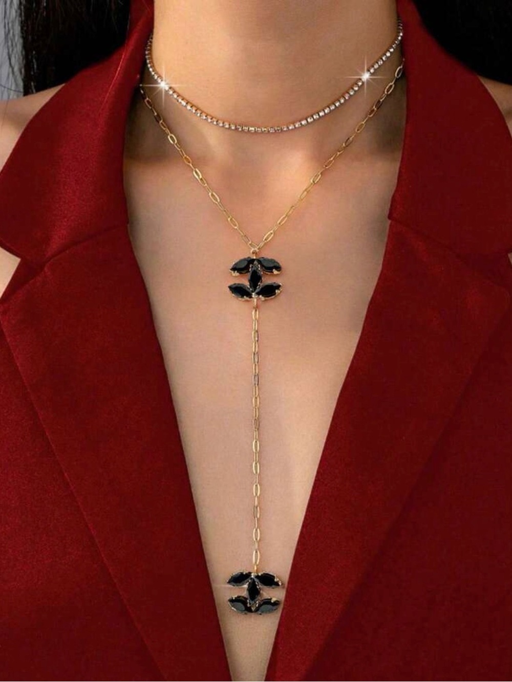 Gold Y Necklace with Black Stone Motifs - Women Jewelry - Picture 4 of 4
